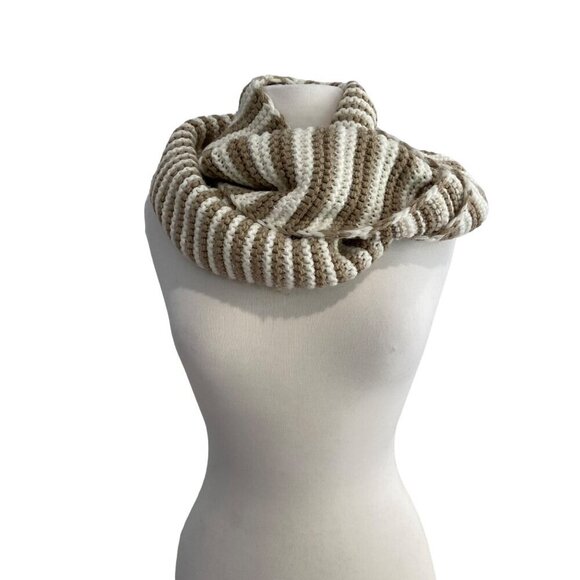 Calvin Klein Striped Knit Infinity Scarf tube Beige & ecru White 100% Acrylic - Picture 11 of 11